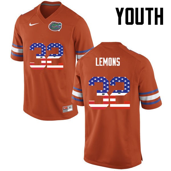 Florida Gators Youth #32 Adarius Lemons College Football USA Flag Fashion Orange